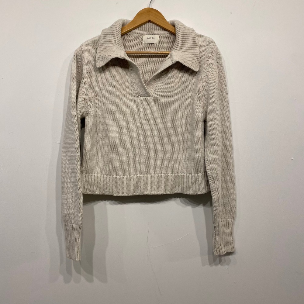 DISSH Cotton Merino Wool Chunky Knit Polo Sweater Oatmeal Beige Small
